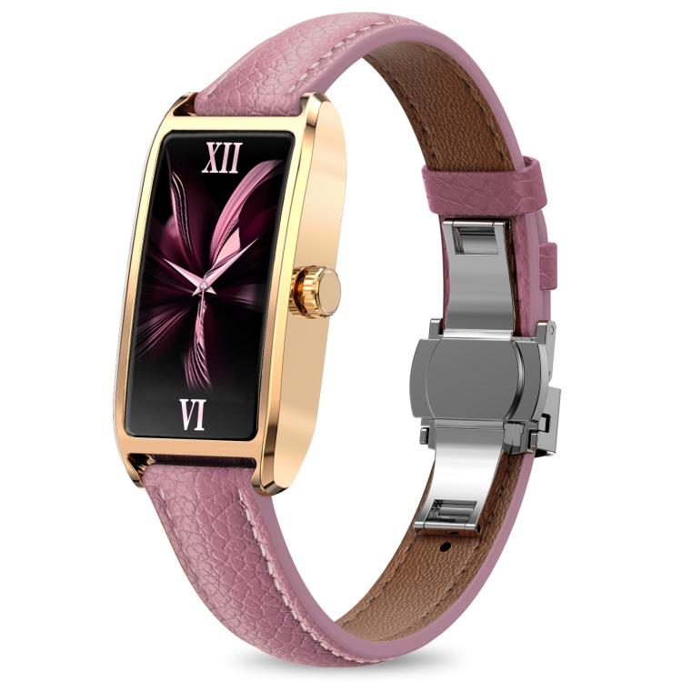 Dora T smartwatch shown from the opposite side, with a pink strap and gold-tone case.