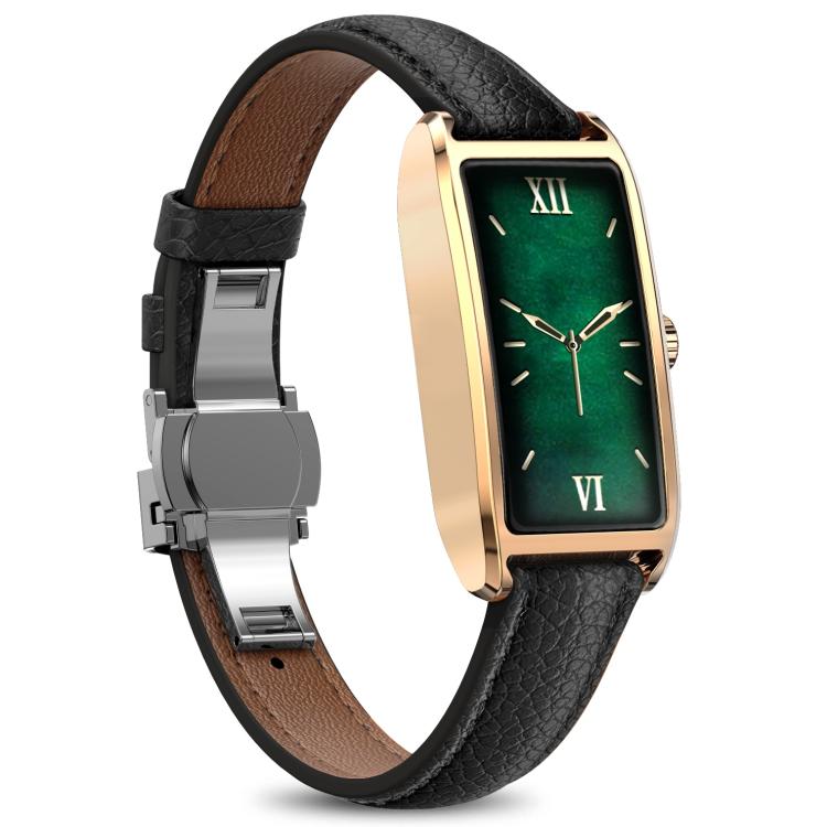 Dora T smartwatch with a black leather strap, gold-tone case and green watch face.