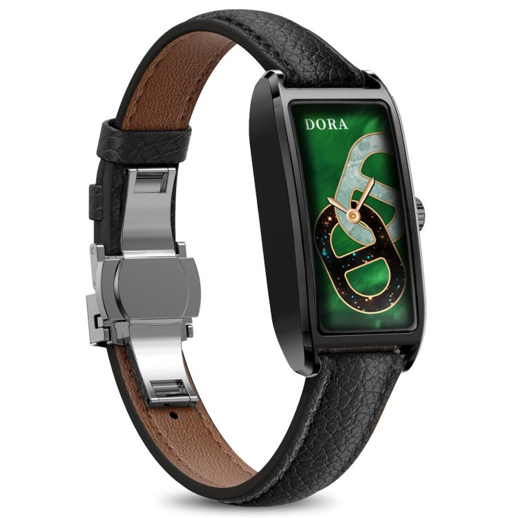 Dora T smartwatch with a black strap and black case, displaying a green graphic face.