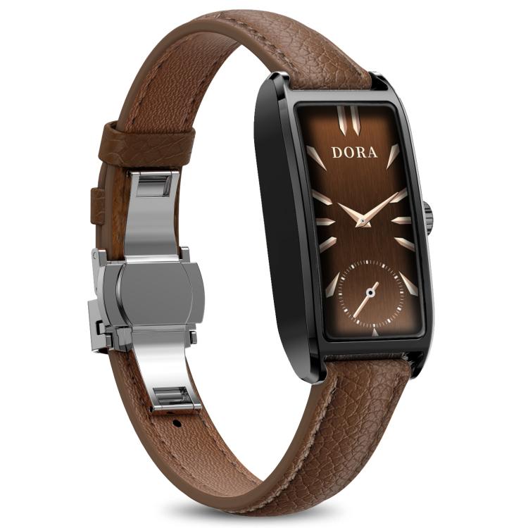 Dora T smartwatch with a brown leather strap, black case and brown analog-style display.
