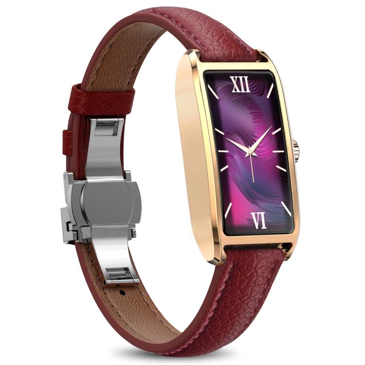 Dora T smartwatch with a wine-red strap, gold-tone case and purple display.