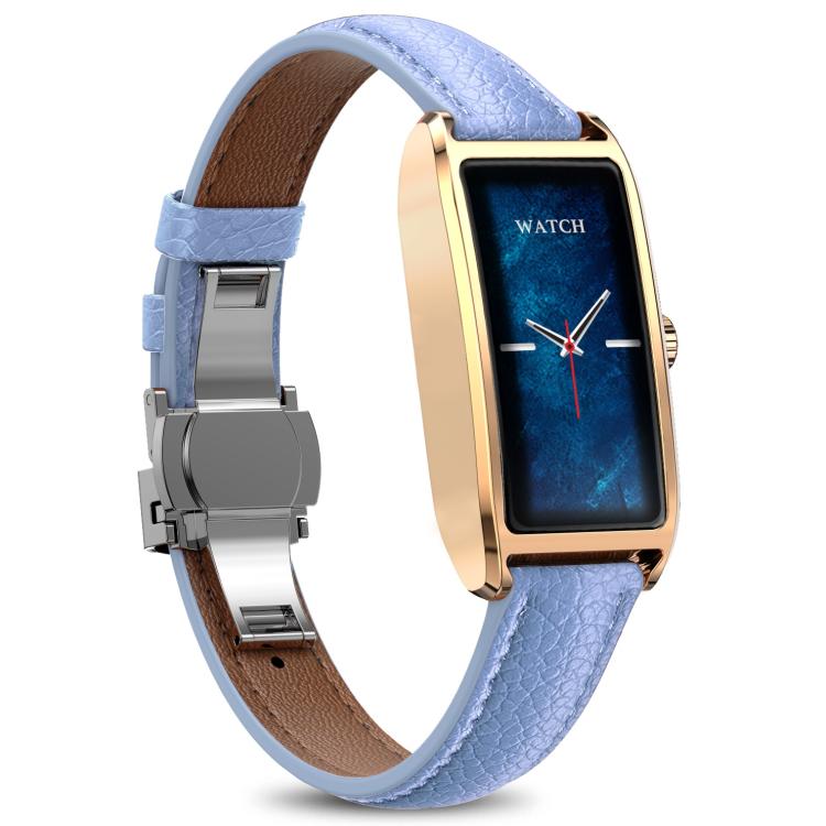 Dora T smartwatch with a light blue leather strap, gold-tone case and blue display.