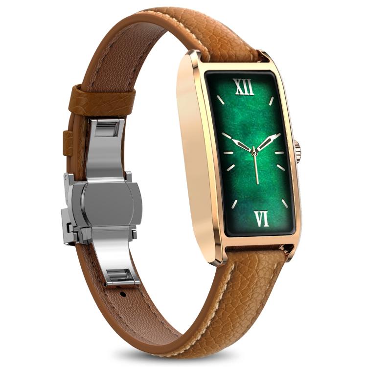 Dora T smartwatch with a light brown strap, gold-tone case and green watch face.