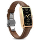 Dora T smartwatch with a brown strap, gold-tone case and black display with gold details.