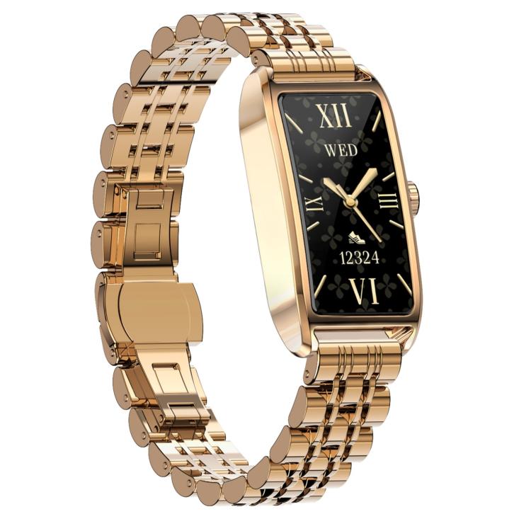 Dora T rectangular smartwatch with a gold-tone metal link band and black Roman numeral display