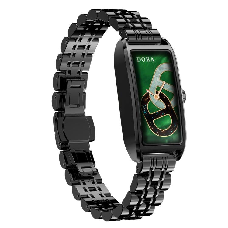 Dora T rectangular smartwatch with a black metal link band and green display