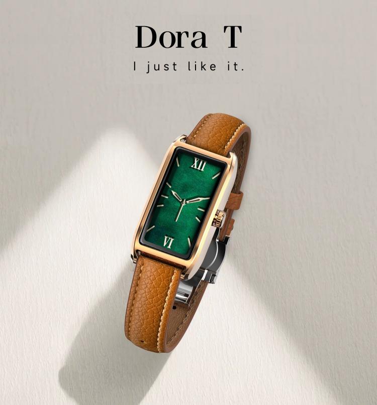 Dora T smartwatch with a brown leather band, gold-tone case and green display
