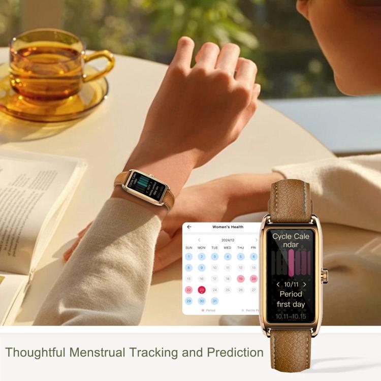 Gold-tone smartwatch with a tan leather strap displaying menstrual cycle tracking.