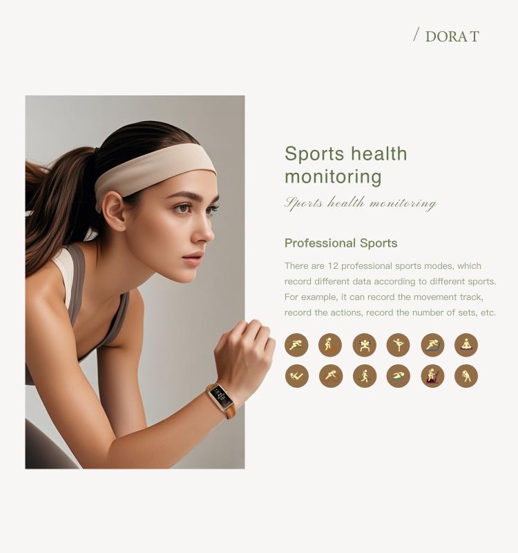 Gold-tone smartwatch with a tan strap worn during exercise.