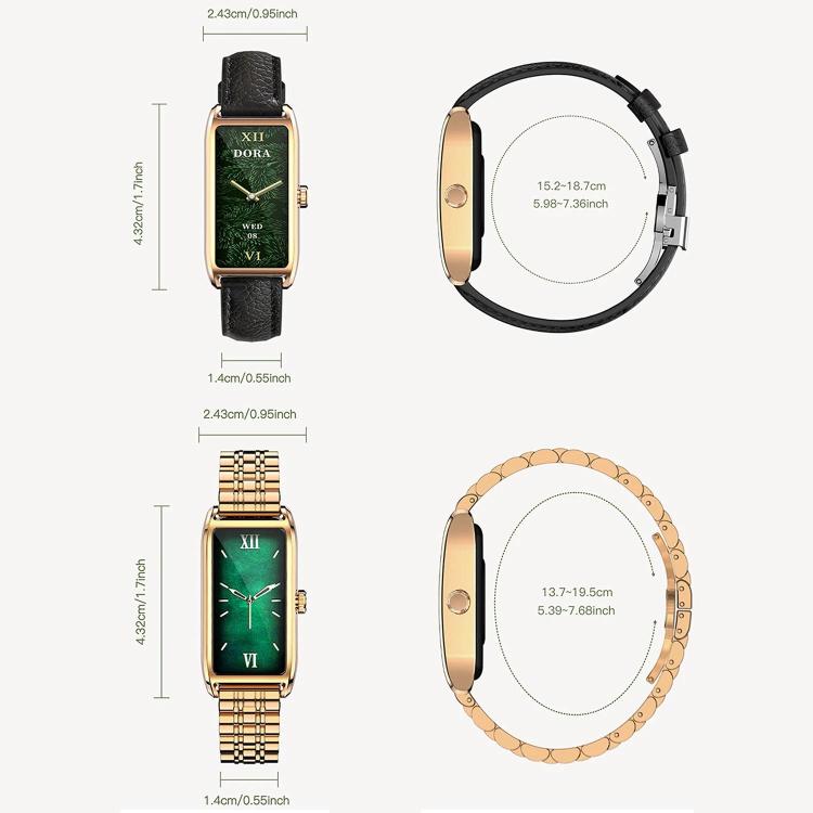 Rectangular smartwatch size diagram showing black leather and gold-tone metal strap options.