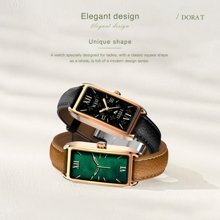 Dora T rectangular smartwatch with a brown leather band, gold-tone case and green display