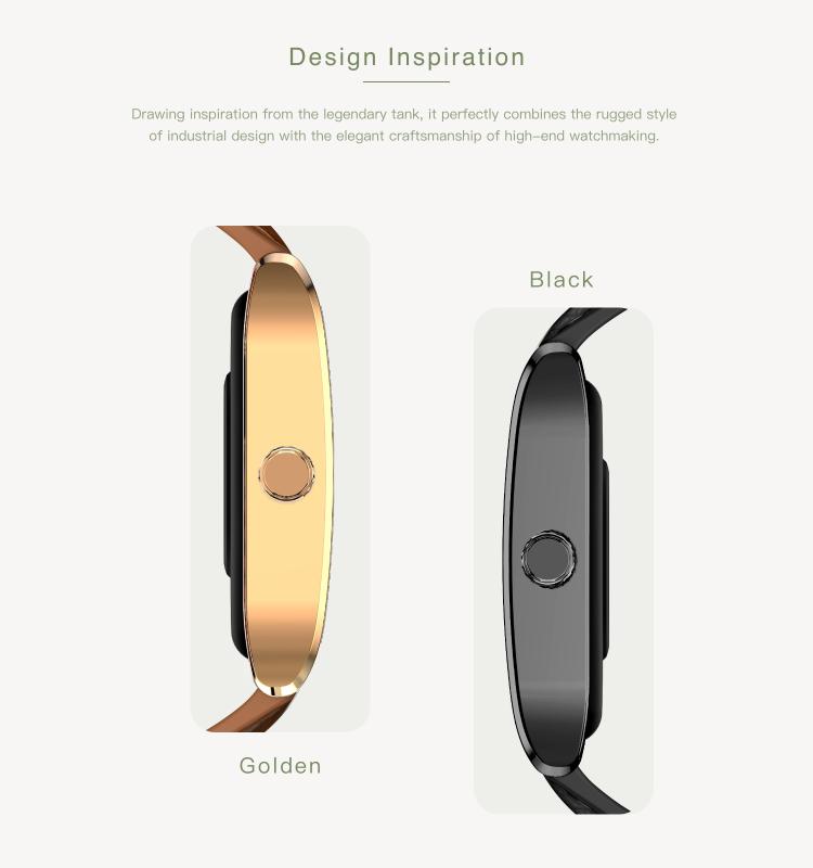 Smartwatch side profiles in gold and black, each with a round side button.