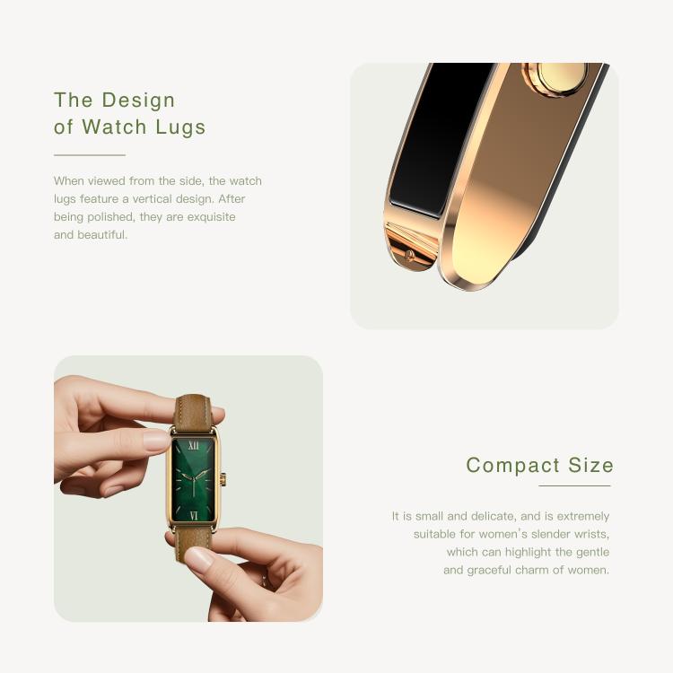 Gold-tone rectangular smartwatch with polished lugs and a brown leather strap.