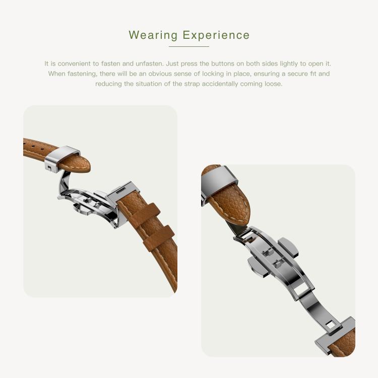 Smartwatch leather strap with a silver folding clasp, shown open.
