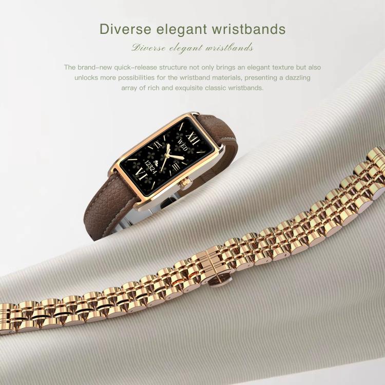 Rectangular smartwatch with a brown leather strap beside a rose-gold metal bracelet.