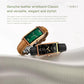 Two rectangular smartwatches with green and black screens and brown and black leather straps.