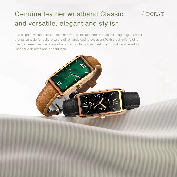 Two rectangular smartwatches with green and black screens and brown and black leather straps.