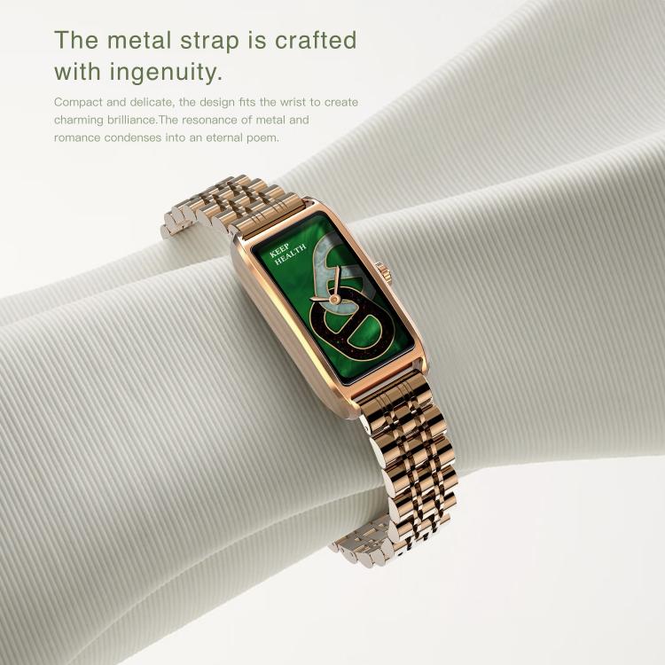 Gold-tone rectangular smartwatch with a green display and linked metal bracelet.