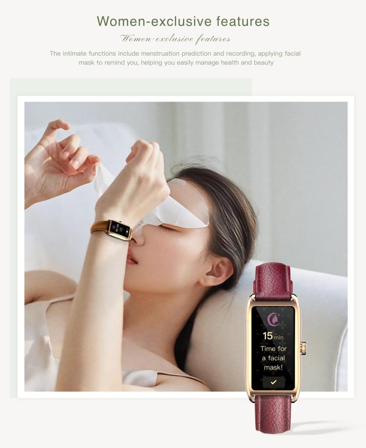 Gold-tone smartwatch with a burgundy strap and a facial mask reminder display.