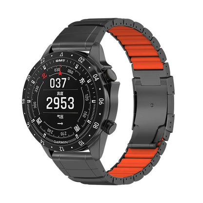 Black watch band with orange silicone inserts, shown attached to a round watch.