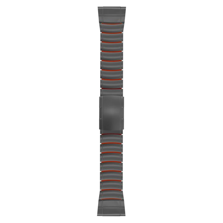 Black watch band with subtle red accents, shown extended flat.
