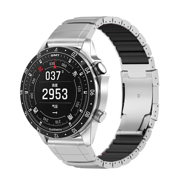 Silver watch band with black silicone links and folding clasp on a Garmin watch