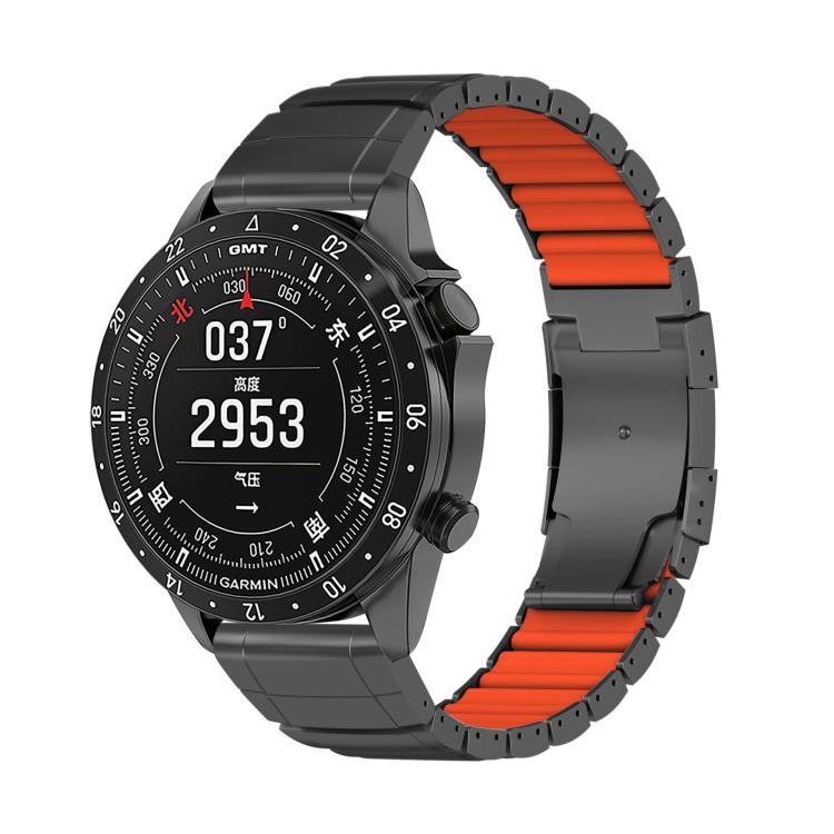 Black watch band with orange silicone links and folding clasp on a Garmin watch