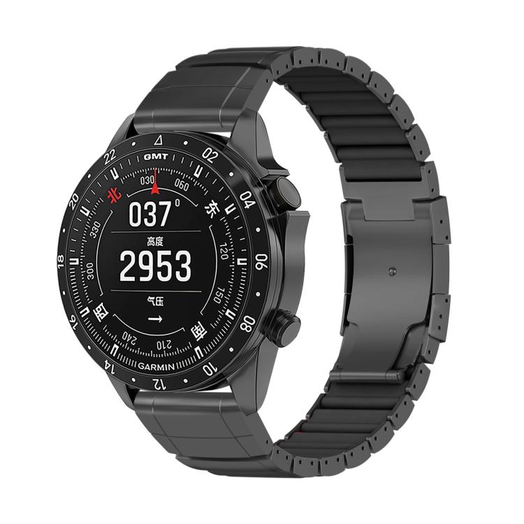 Black watch band with black silicone links and folding clasp on a Garmin watch