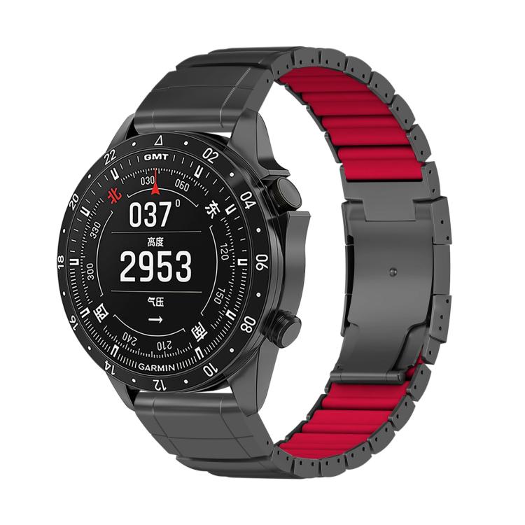 Black watch band with red silicone links and folding clasp on a Garmin watch
