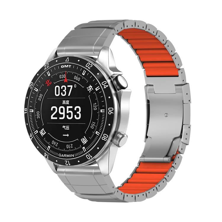 Silver watch band with orange silicone links and folding clasp on a Garmin watch