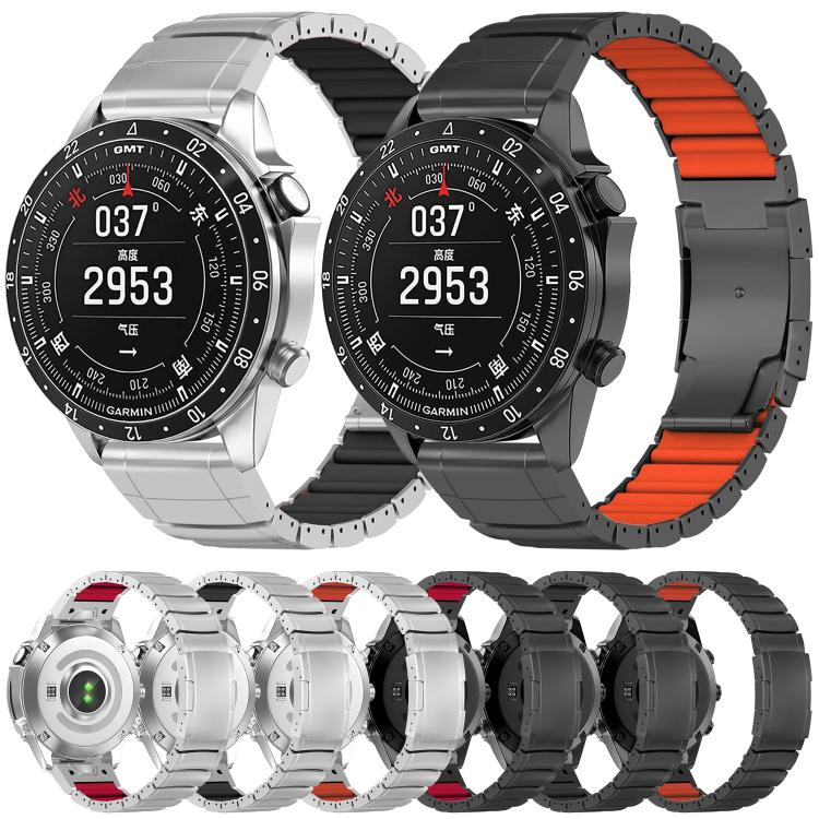 Silver and black watch bands with contrasting silicone links, shown on Garmin watches