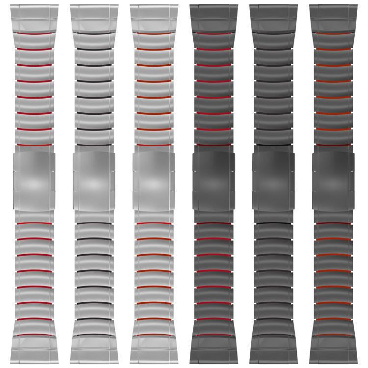 Six titanium watch bands with black, red, and orange silicone link accents