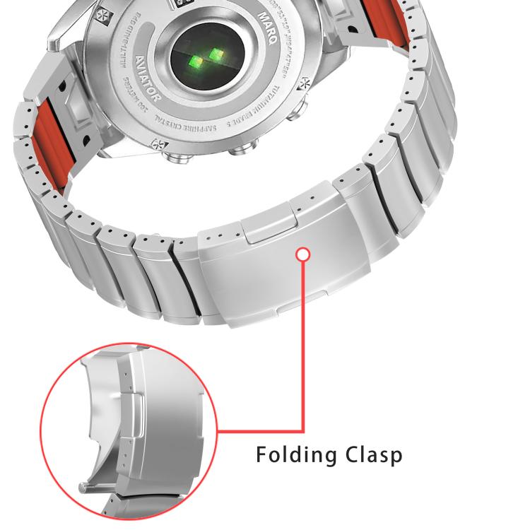 Silver watch band with folding clasp shown from the back, with an enlarged clasp detail