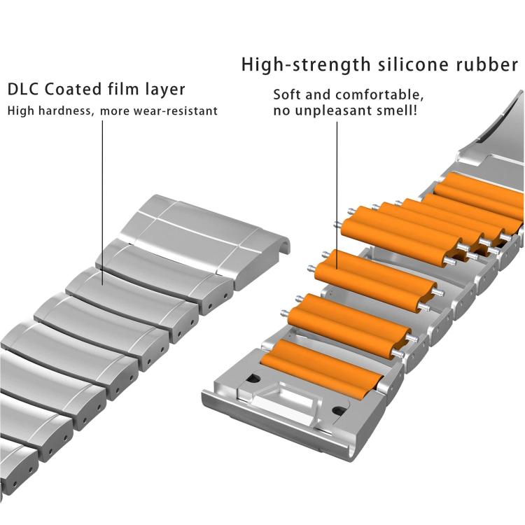 Watch band detail showing silver metal links, orange silicone inserts, and folding clasp.