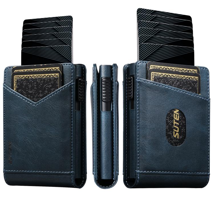 Blue oil-wax pattern multi-card slot wallet with button closure and card pockets