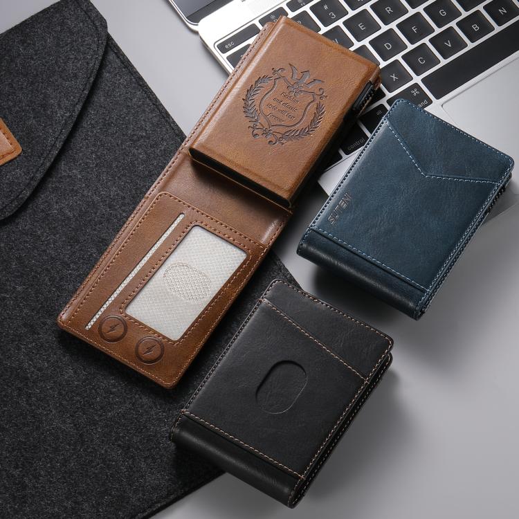 Brown and blue leather card holder wallet with card slot panels and stitched edges