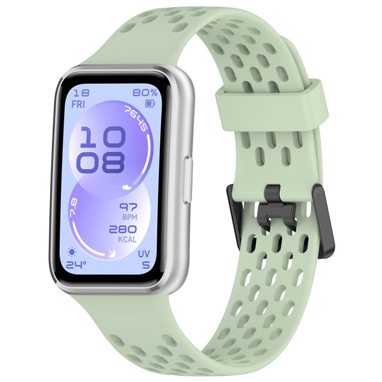 Pale green perforated silicone watch band with dual buckle, shown on a rectangular smartwatch.