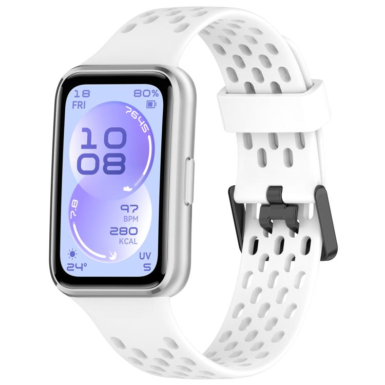 White perforated silicone watch band with dual buckle, shown attached to smartwatch