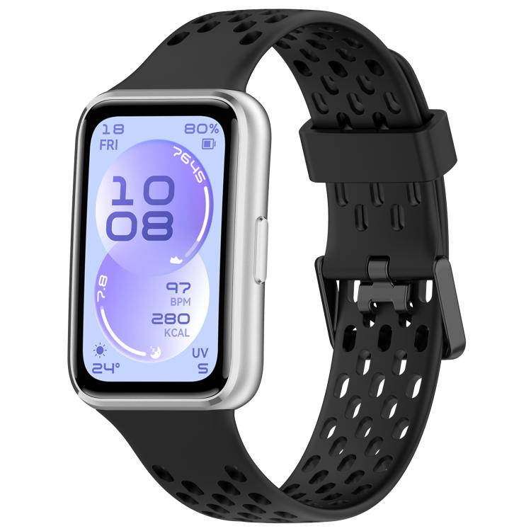 Black perforated silicone watch band with dual buckle, shown on a smartwatch