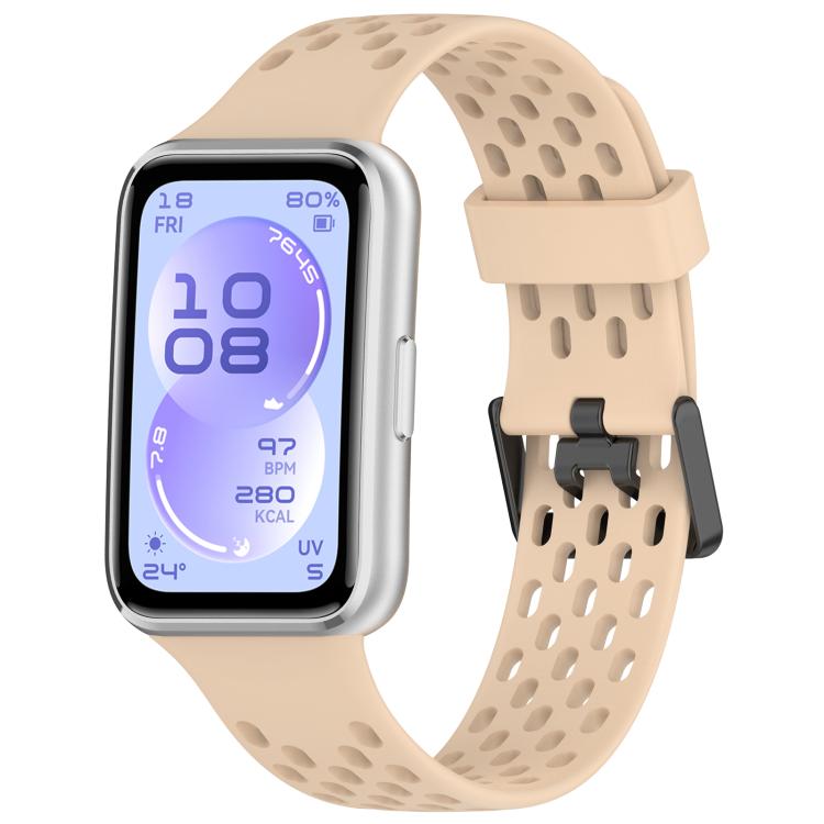 Beige perforated silicone watch band with dual buckle, shown on a smartwatch