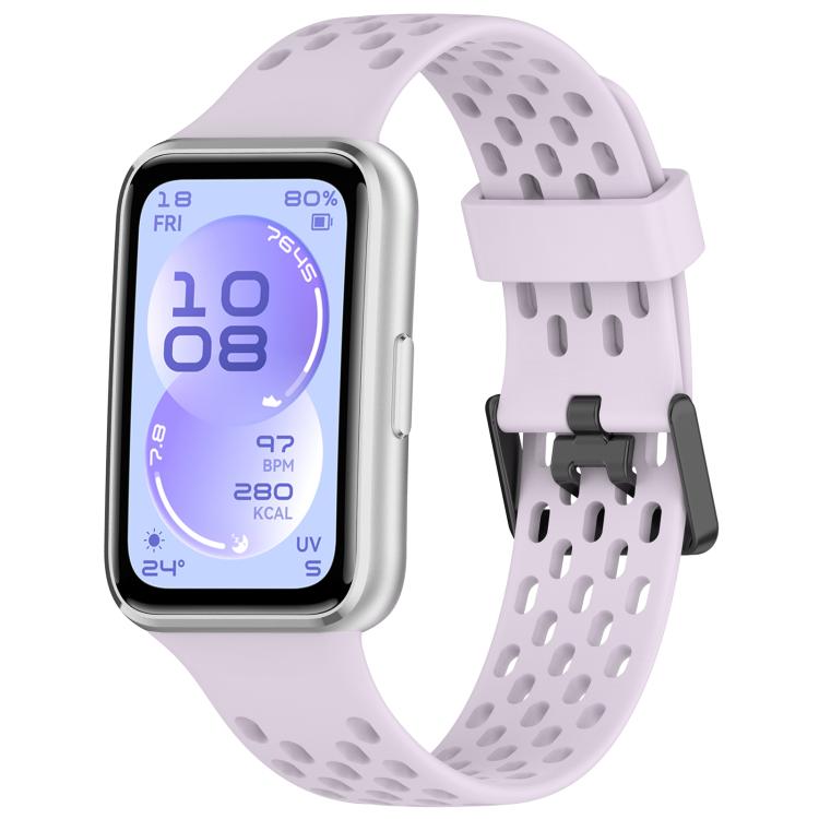 Light purple perforated silicone watch band with dual buckle, shown on a smartwatch