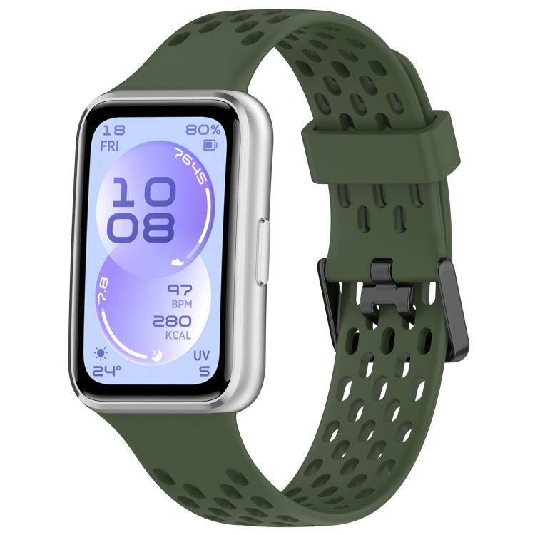 Dark green perforated silicone watch band with dual buckle, shown on a smartwatch