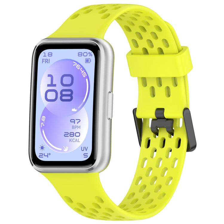 Bright yellow-green perforated silicone watch band with dual buckle, shown on a smartwatch