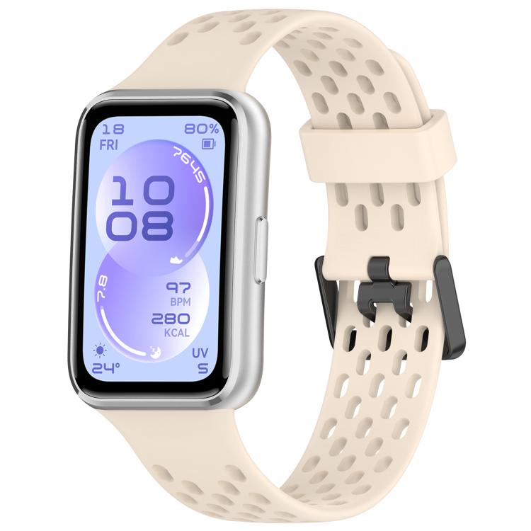 Ivory perforated silicone watch band with dual buckle, shown on a smartwatch