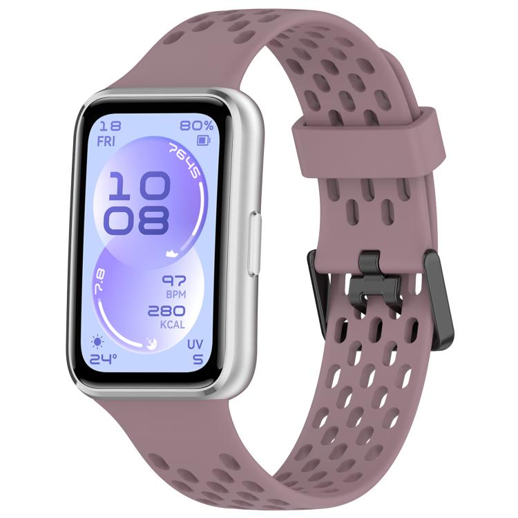Smoky purple perforated silicone watch band with dual buckle, shown on a smartwatch