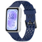 Dark blue perforated silicone watch band with dual buckle, shown on a rectangular smartwatch.