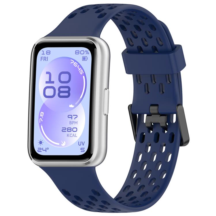 Dark blue perforated silicone watch band with dual buckle, shown on a rectangular smartwatch.