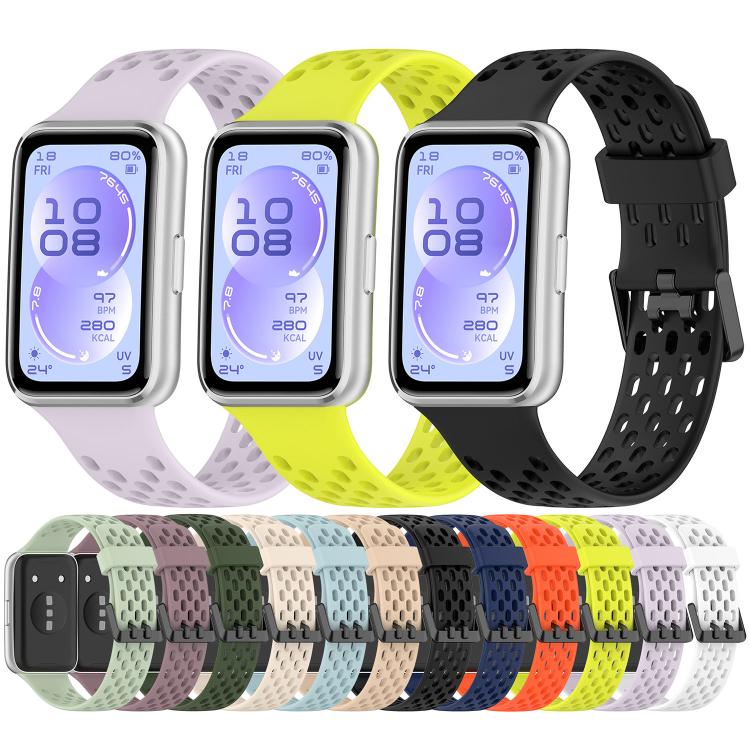 Perforated silicone watch bands in several colors, shown on rectangular smartwatches.
