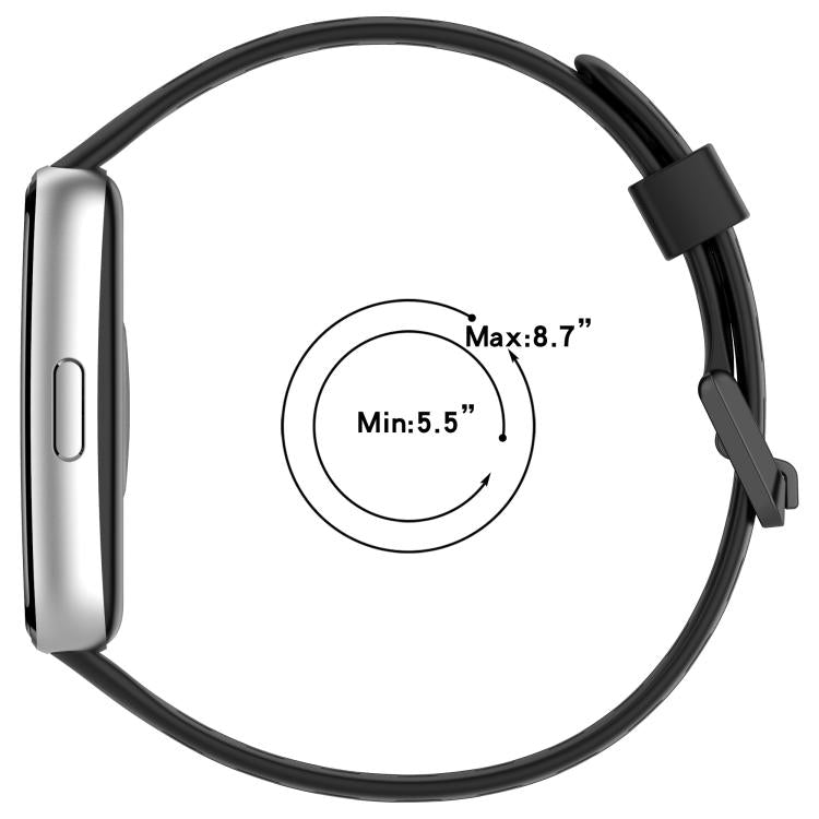 Black perforated silicone watch band shown with a wrist-fit range of 5.5 to 8.7 inches.