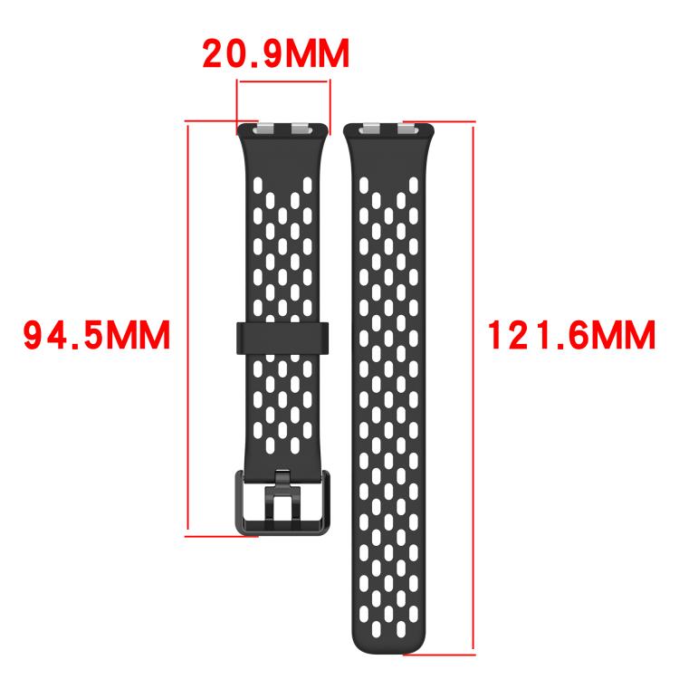 Black perforated silicone watch band pieces with width and length measurements.
